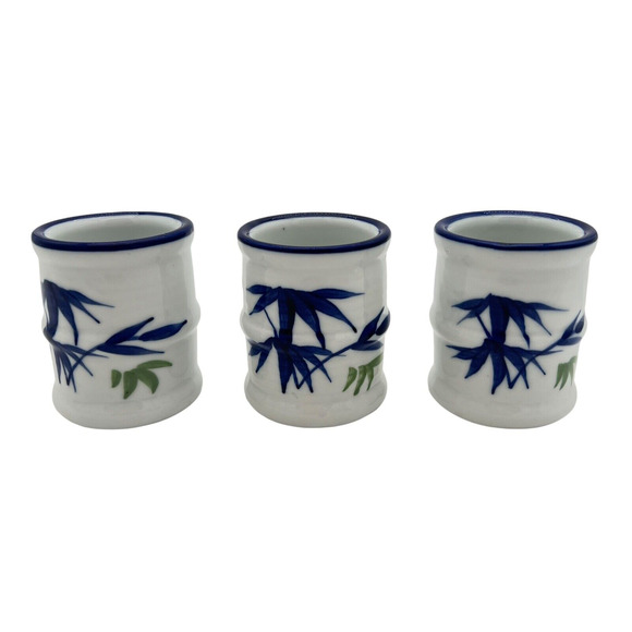 Vintage Lot 3 Japanese Tea Sake Cup Blue Tree Branches White Porcelain 2.75" - Picture 1 of 10